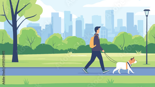 Professional Urban Dog Walker in City Park, Simple Pet Life Concept