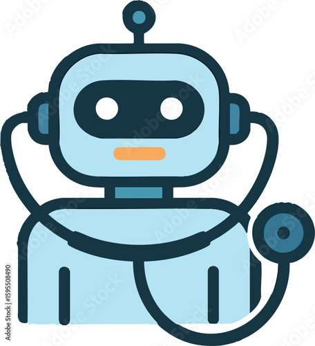 Flat vector AI-powered medical diagnostics icon with robot and stethoscope, isolated on white
