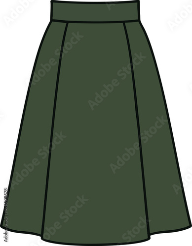 Flat vector A-line skirt with high waist and subtle pleats, isolated on white