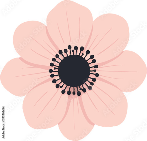 Flat vector anemone flower with round dark center and soft-colored petals, vector-friendly, isolated on white