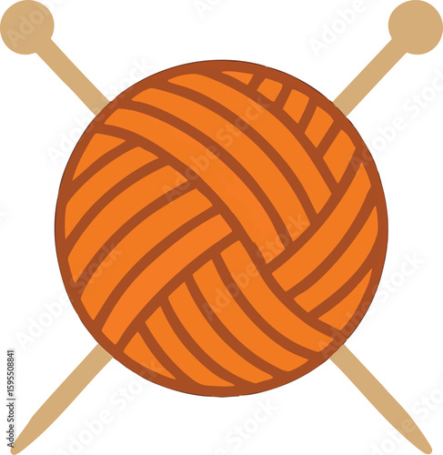 Flat vector ball of yarn with two knitting needles crossing through, cozy handmade style, isolated on white