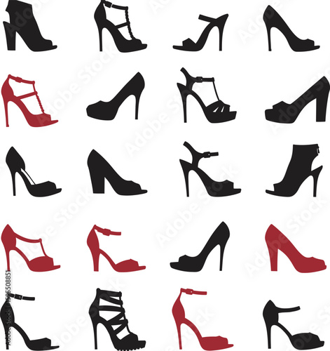 Diverse Women's Footwear Icon Set: Heels, Boots, Sandals & Open-Toe Shoes for Fashion, Style, Shopping & E-commerce – Vector Graphics.