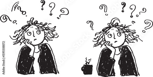 line art sketch grunge comical vector drawing of confused woman