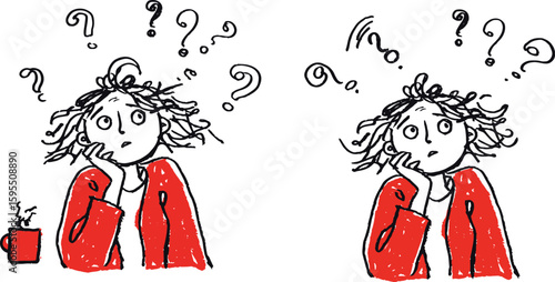 line art sketch grunge comical vector drawing of confused woman