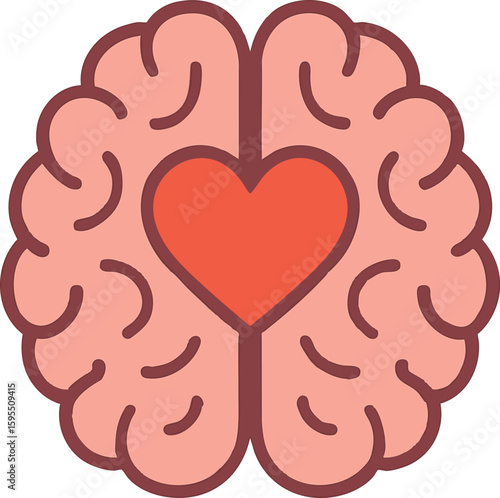 Flat vector brain illustration with heart shape in the center, representing empathy and emotional intelligence
