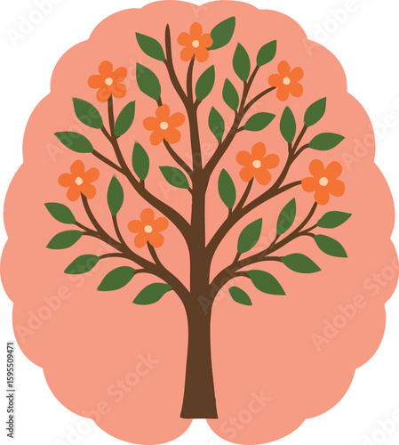Flat vector brain with blooming tree inside, representing resilience and long-term healing