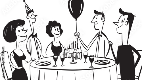 line art black vector drawing of funny party at a table
