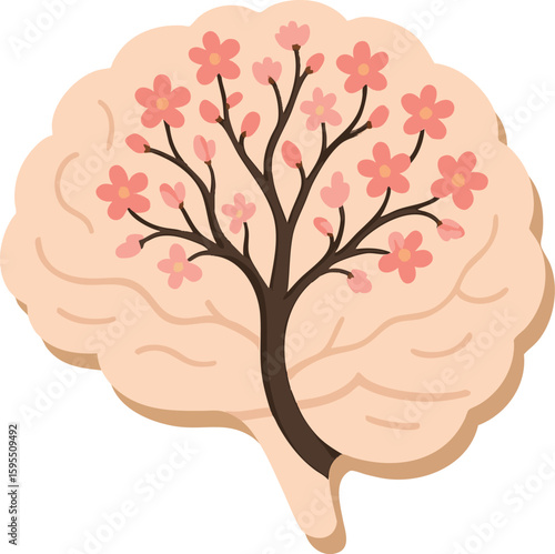 Flat vector brain with blooming tree inside, representing resilience and long-term healing