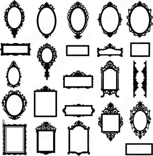 Vector ornate mirror frame illustration set: various elegant decorative silhouettes, perfect for vintage, gothic, and antique design elements, isolated on a white background.