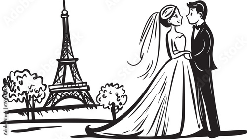line art black vector drawing of funny humourous wedding couple in Paris