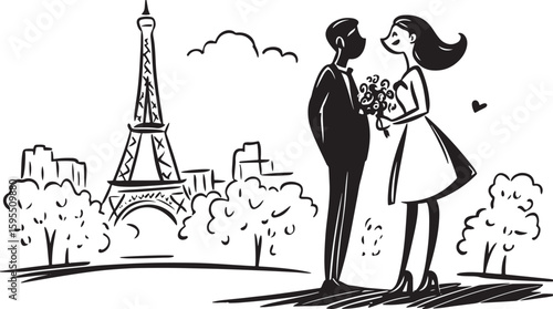 line art black vector drawing of funny humourous wedding couple in Paris