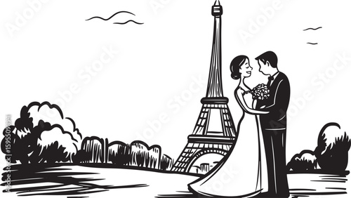line art black vector drawing of funny humourous wedding couple in Paris