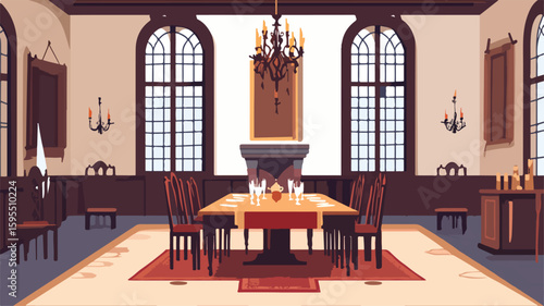 Elegant Medieval Dining Hall Banquet Scene with Historic Interiors