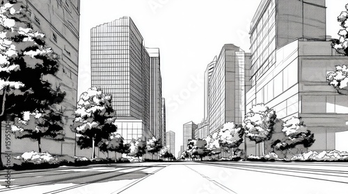 Detailed pencil sketch of an urban street scene with towering buildings and trees.