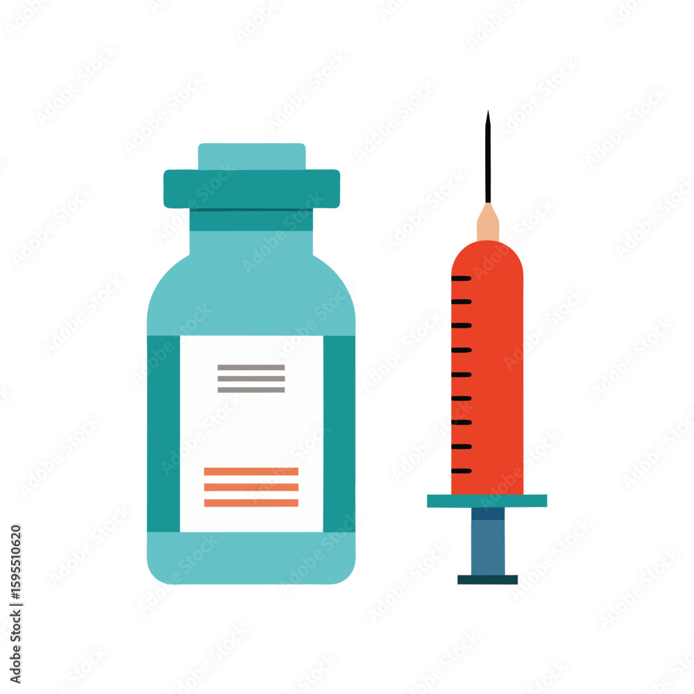 Vaccine vial and syringe flat vector illustration for medical use on white background Vaccine vial and syringe flat vector illustration for medical use on white background