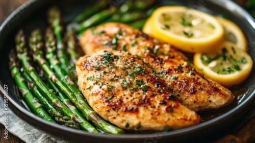 Grilled chicken breast with asparagus and lemon for a healthy meal inspiration