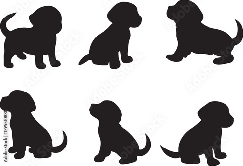 set of black silhouette vectors of puppies