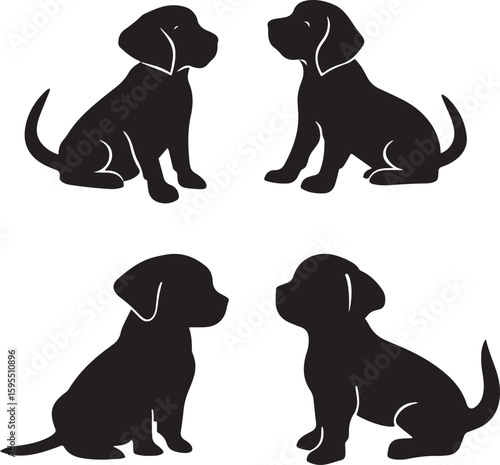 set of black silhouette vectors of puppies