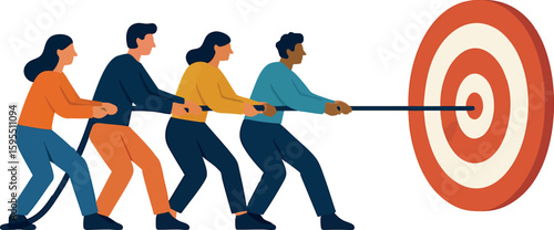 Flat vector characters pulling a rope together toward target, group effort concept, isolated on white