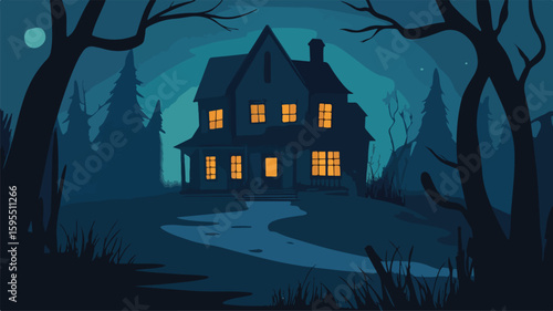Spooky Old House at Night Architecture for Halloween Designs