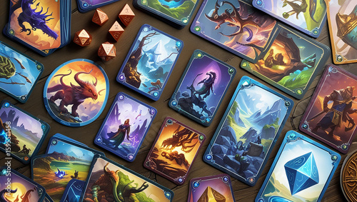 a collection of collectible card games (TCG/CCG) or board games with detailed fantasy illustrations