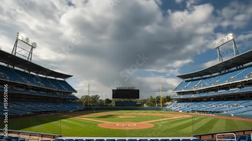 Time-Lapse of Clouds Over Deserted Baseball Stadium from Home Plate View