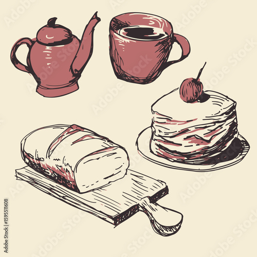 set of sketch drawing of bakery products