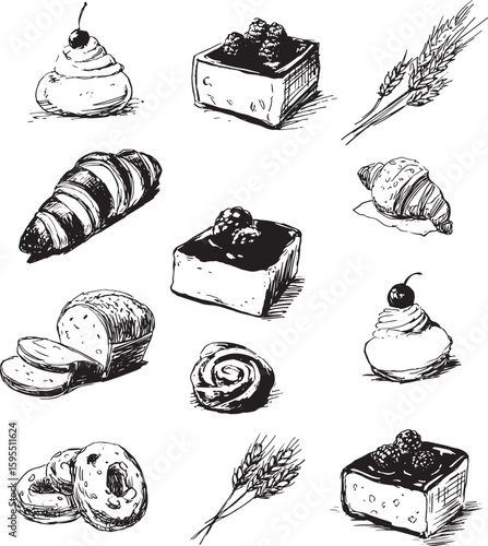 set of sketch drawing of bakery products