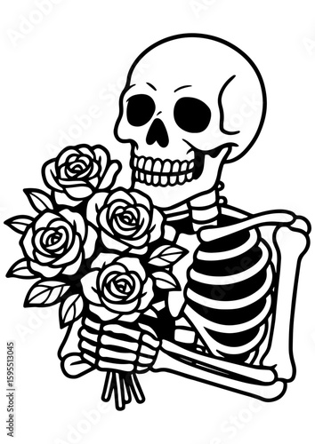 Black and white vector illustration of cute skeleton holding a rose bouquet, symbolizing love confession for Valentine’s Day, perfect for laser engraving