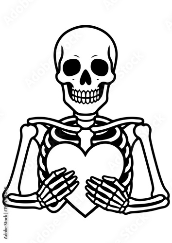 Black and white vector illustration of cute skeleton holding a heart, symbolizing love confession for Valentine’s Day. Perfect for laser engraving, prints, tattoo ideas