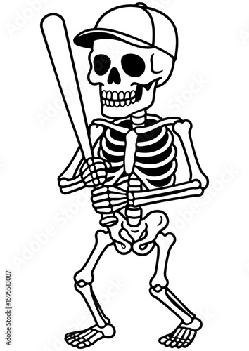 Black and white vector illustration of a cute skeleton with a cap holding a baseball bat. Perfect for laser engraving, prints, and tattoos