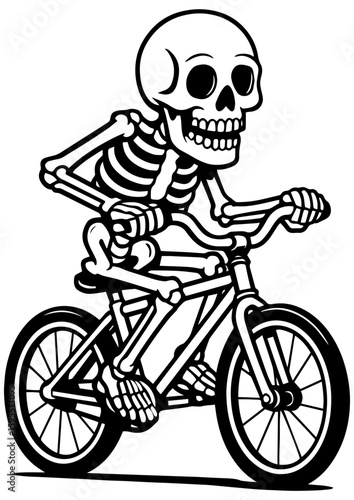 Black and white vector illustration of a cute skeleton riding a bicycle. Perfect for laser engraving, prints, and creative design projects