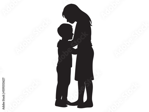 Black silhouette of woman and child embracing, isolated on white background, touching family moment. concept of love, care, maternal bond, emotional connection, parenthood