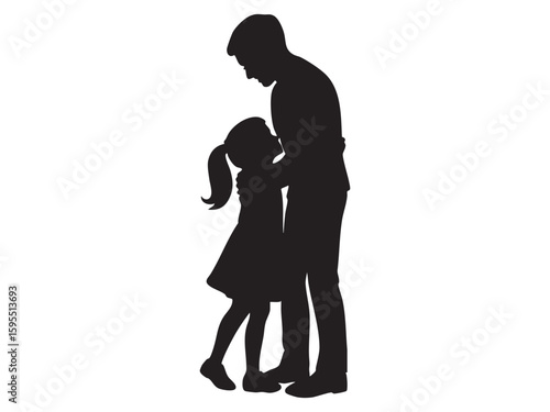 Black silhouette of man and little girl embracing, isolated on white background, graphic illustration. concept of family, love, care, parent, child, affection.
