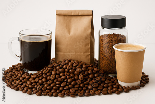Realistic bunch of coffee beans and coffee products with white clear background