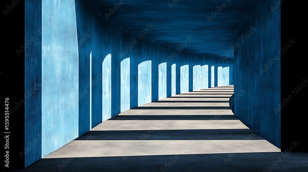 Fototapeta premium A long corridor with blue walls and dramatic shadows.