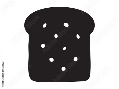 Black silhouette of slice of bread or toast with seeds or raisins, isolated on white background, graphic illustration. Concept of breakfast, sandwich bread, bakery product, food icon, design element