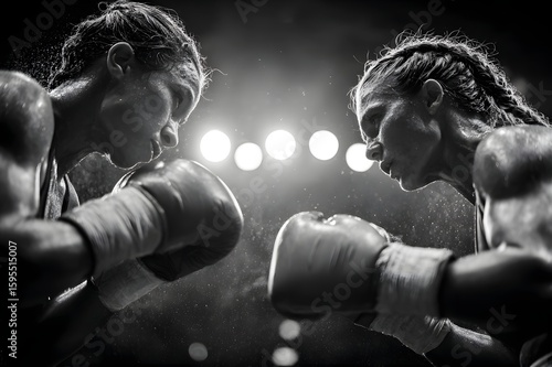 Intense Boxing Match: Two female boxers face off in a dramatic black and white image, showcasing their focus and determination in the ring. Capturing the intensity of the competition.
