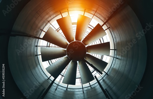 Industrial cooling tower fan with wide blades against bright sky. Large HVAC system component for air conditioning, ventilation in factories, power plants, large buildings. Heavy machinery for