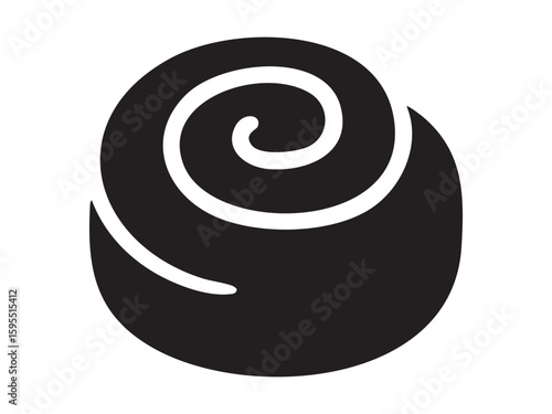 Black silhouette of cinnamon roll with spiral shape, isolated on white background, graphic illustration. Concept of dessert, pastry, sweet bun, bakery icon, breakfast food, design element