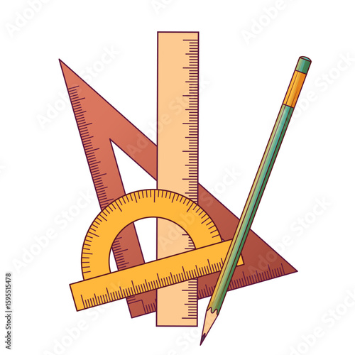 Vector illustration of geometry tools: triangle, ruler, protractor, and a pencil isolated on white. Math, architecture, and learning concepts.