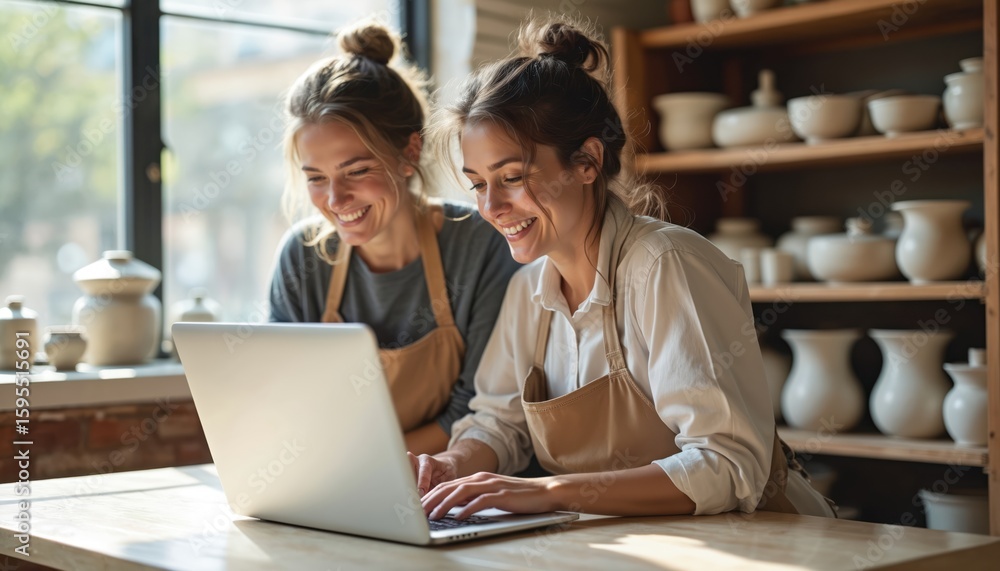 Fototapeta premium Two women ceramists happily use laptop in pottery studio. Small business owners, female entrepreneurs work together in shop. Smiling colleagues discuss craft, online sales. Technology aids success.