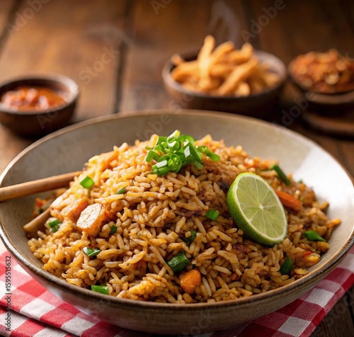 Delicious plate of Indonesian fried rice (nasi goreng) garnished with lime slice and chopped scallions. Served in a rustic bowl on a wooden table with a red checkered napkin and traditional sambal sid