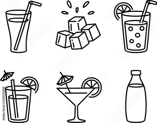 Collection of hand drawn summer drinks and ice cubes in a simple line art style