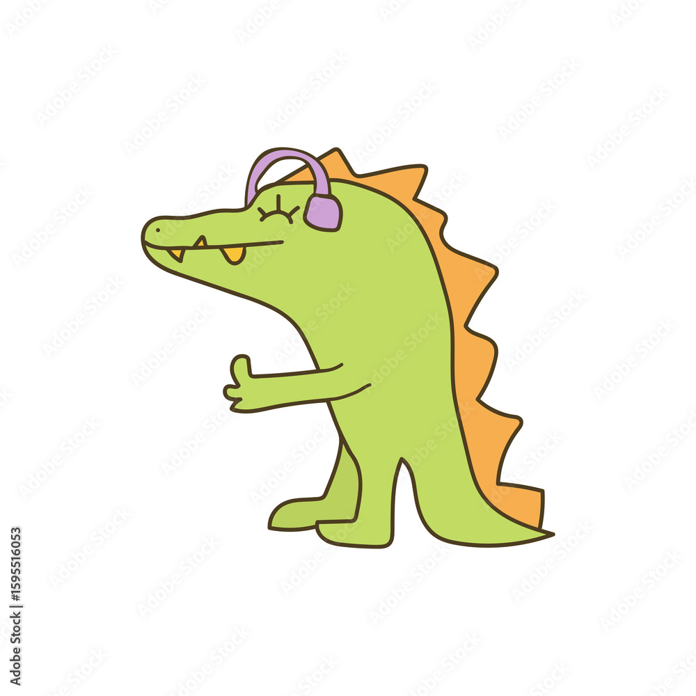 Obraz premium Dinosaur, dragon, listening to music in headphones, hand drawn. Cartoon animals isolated on white background. Doodle. Vector
