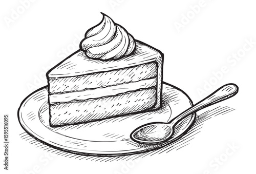 Black and white illustration of a slice of cake on a plate with spoon, isolated on white background. concept of dessert, pastry, sweet treat, cafe decor, bakery icon, menu design.