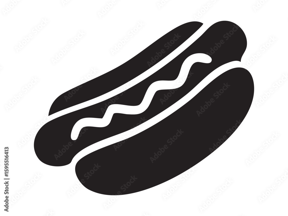 Black silhouette of fast food hot dog, isolated on white background, graphic illustration. concept of snack, junk food, street food, icon, logo, design element Black silhouette of fast food hot dog, isolated on white background, graphic illustration. concept of snack, junk food, street food, icon, logo, design element
