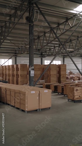 Warehouse with packaged and assembled wooden furniture. Vertical video inside a furniture warehouse showing rows of packed and assembled wooden cabinets, drawers, and boxes.