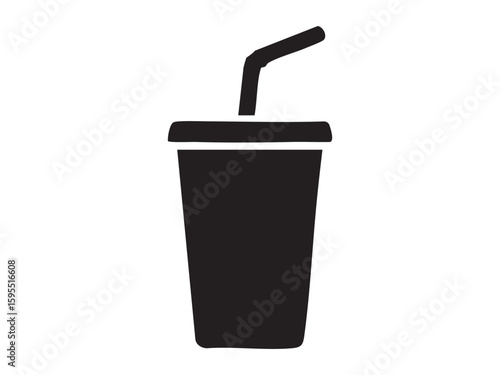 Black silhouette of fast food paper drink cup with straw isolated on white background, graphic illustration. Concept of soft drink, takeaway beverage, soda, icon, design element