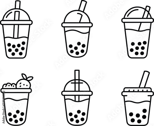 Collection of six hand drawn bubble tea drinks with straws and tapioca pearls